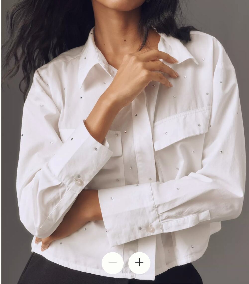 Maeve Anthropologie Patch Pocket Rhinestone Studded Crop Buttondown Shirt White